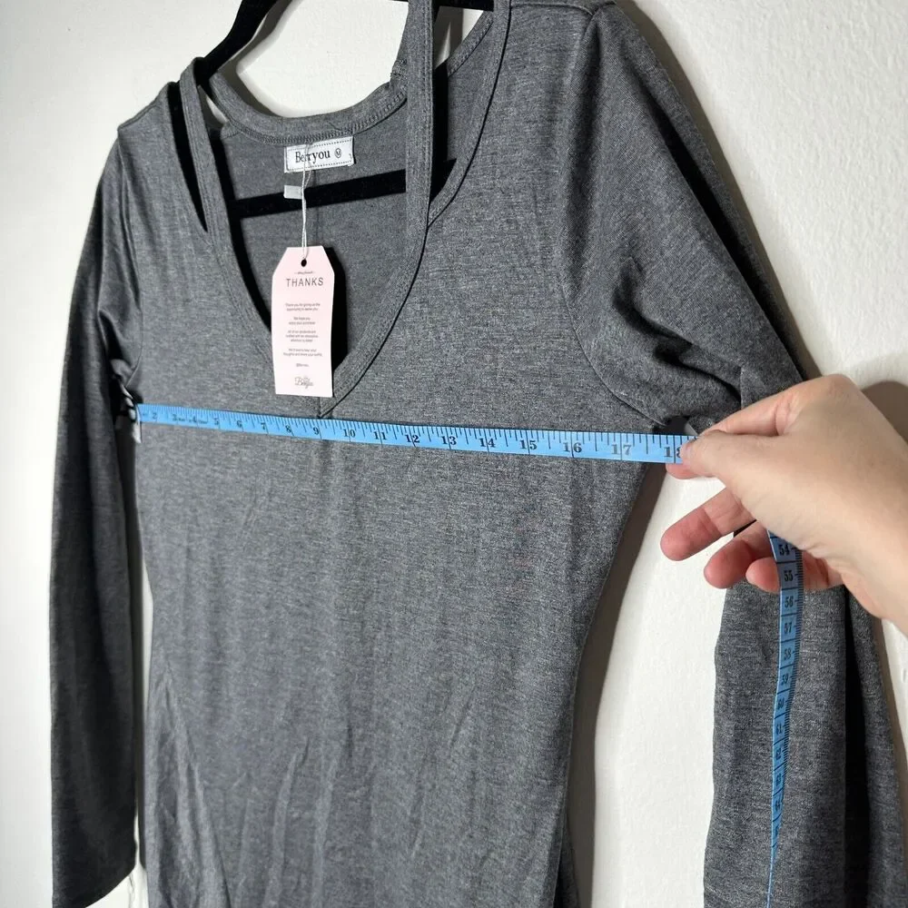 NWT Berryou Gray Cold-Shoulder Long Sleeve Front Tie Hem Knit Mini Dress Medium - Picture 11 of 12